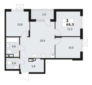 3-комнатная квартира 68.5 м2, 9-й этаж