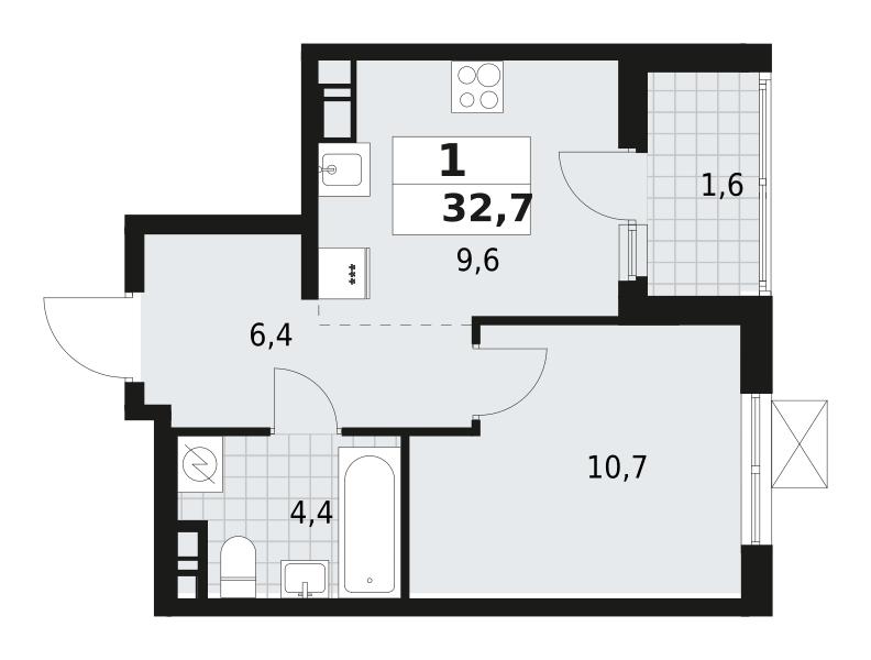1-комнатная квартира 32.7 м2, 12-й этаж