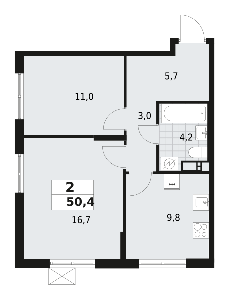 2-комнатная квартира 50.4 м2, 5-й этаж