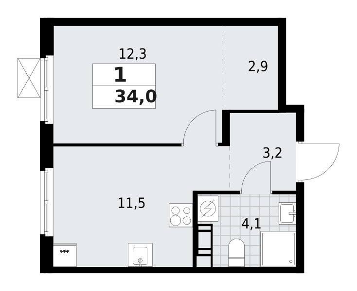 1-комнатная квартира 34 м2, 9-й этаж
