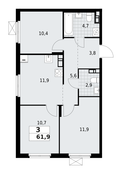 3-комнатная квартира 61.9 м2, 4-й этаж