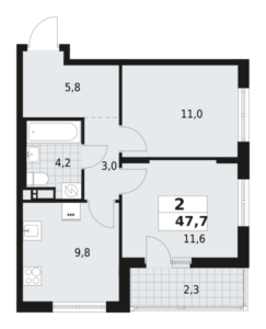 2-комнатная квартира 47.7 м2, 9-й этаж