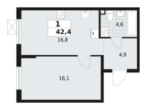 1-комнатная квартира 42.4 м2, 2-й этаж