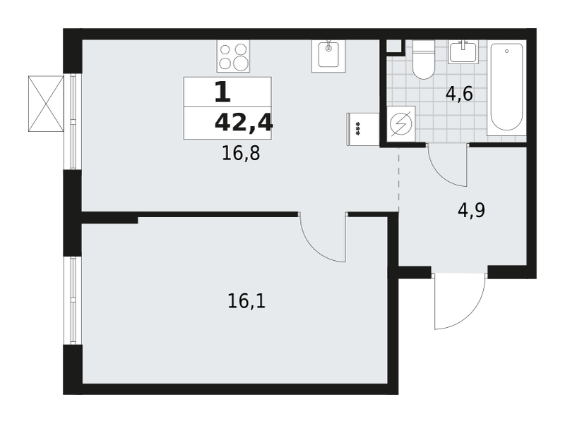 1-комнатная квартира 42.4 м2, 2-й этаж