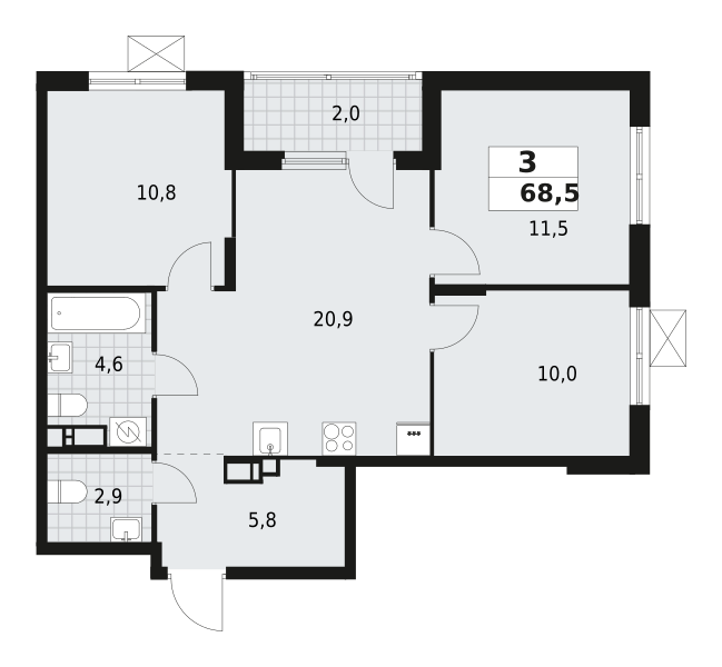 3-комнатная квартира 68.5 м2, 8-й этаж
