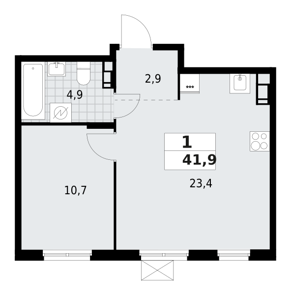 1-комнатная квартира 41.9 м2, 7-й этаж