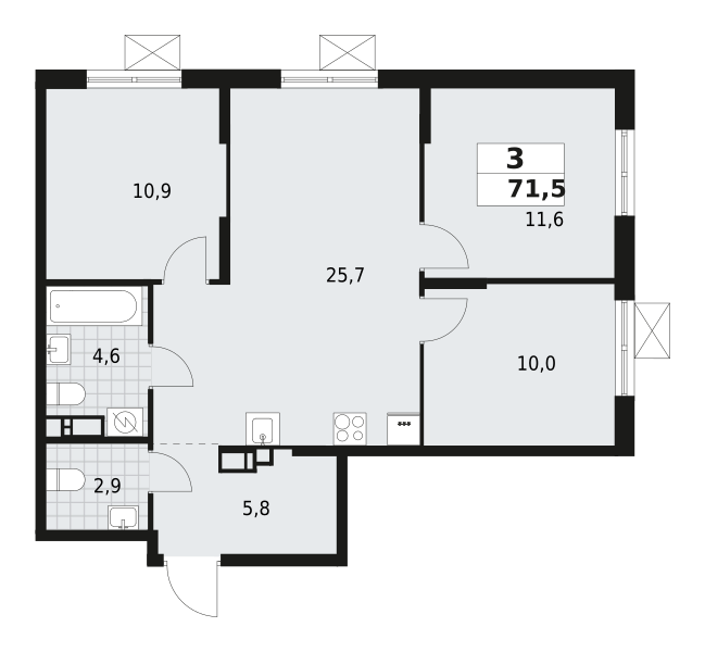 3-комнатная квартира 71.5 м2, 5-й этаж