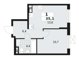 1-комнатная квартира 35.1 м2, 6-й этаж