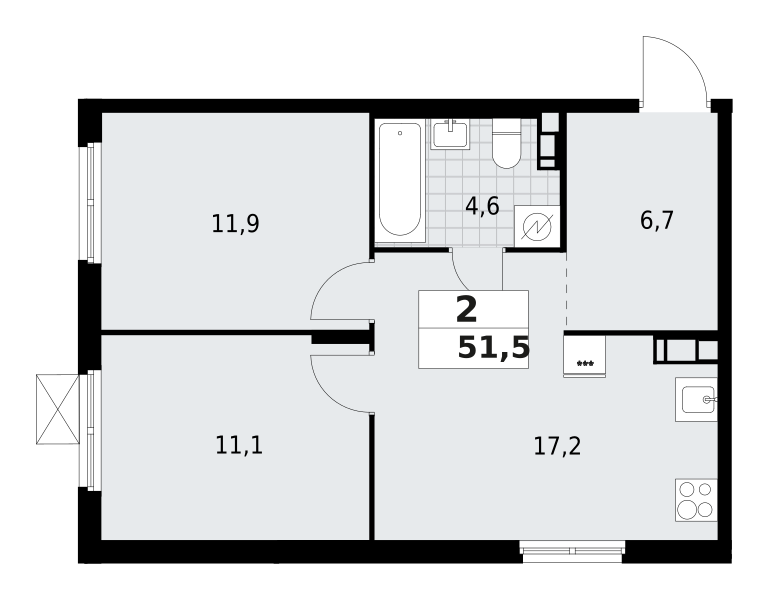 2-комнатная квартира 51.5 м2, 5-й этаж