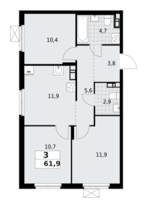 3-комнатная квартира 61.9 м2, 7-й этаж