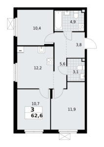 3-комнатная квартира 62.6 м2, 2-й этаж