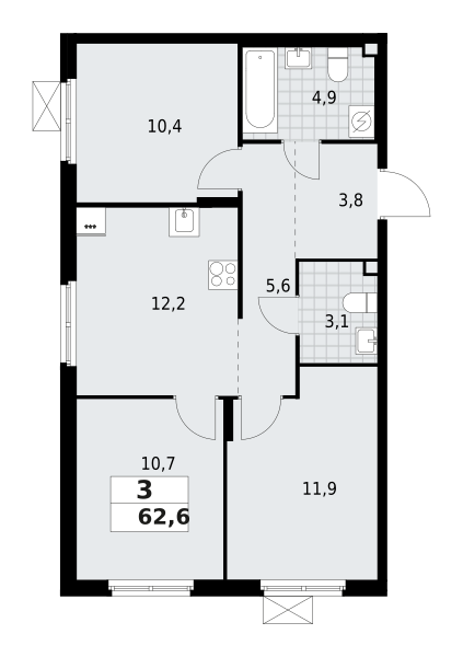3-комнатная квартира 62.6 м2, 2-й этаж