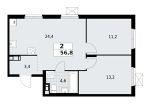 2-комнатная квартира 56.8 м2, 3-й этаж