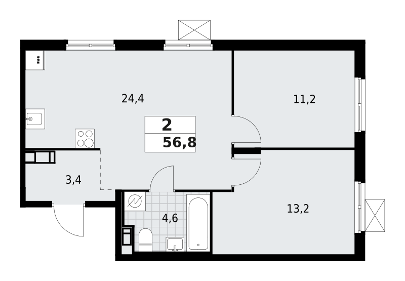 2-комнатная квартира 56.8 м2, 3-й этаж