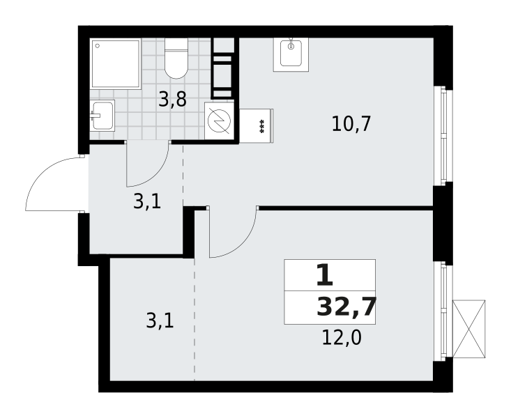 1-комнатная квартира 32.7 м2, 6-й этаж