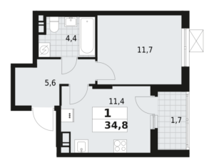 1-комнатная квартира 34.8 м2, 12-й этаж