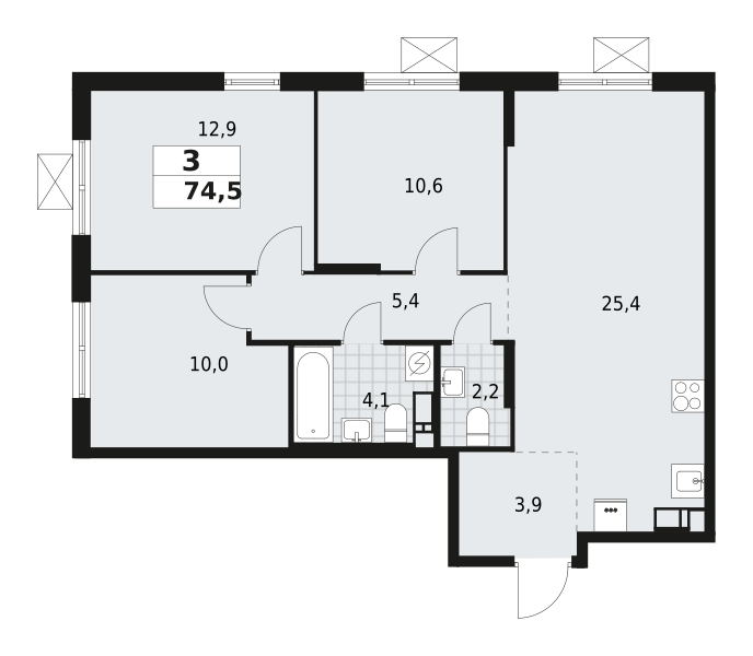3-комнатная квартира 74.5 м2, 3-й этаж