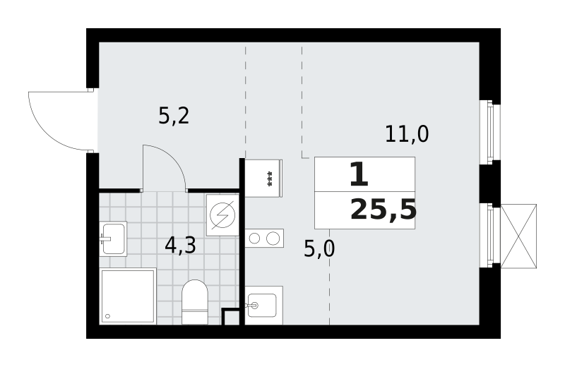 1-комнатная квартира 25.5 м2, 2-й этаж
