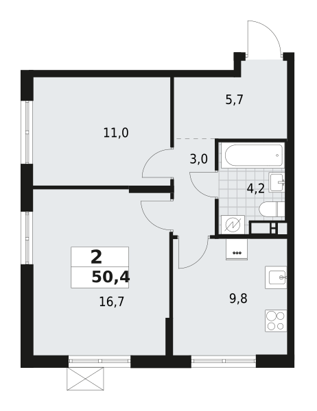 2-комнатная квартира 50.4 м2, 4-й этаж
