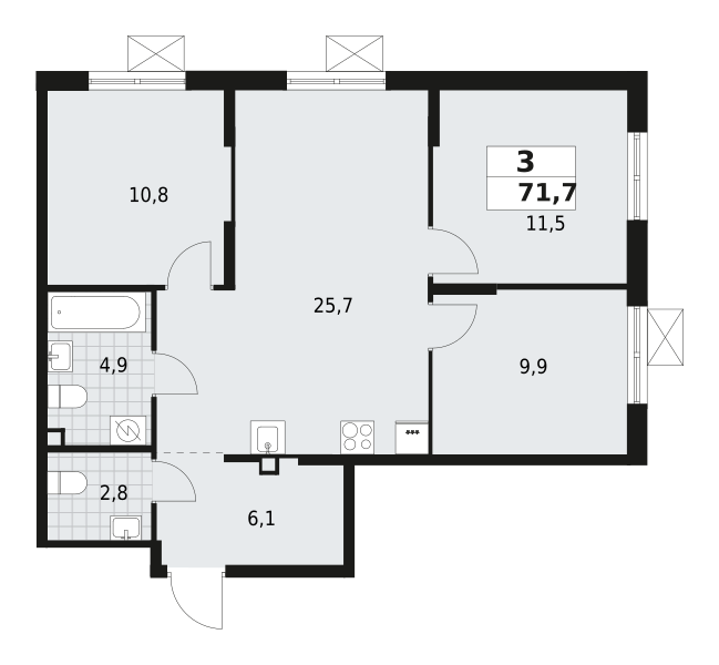 3-комнатная квартира 71.7 м2, 2-й этаж