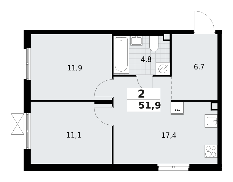 2-комнатная квартира 51.9 м2, 2-й этаж