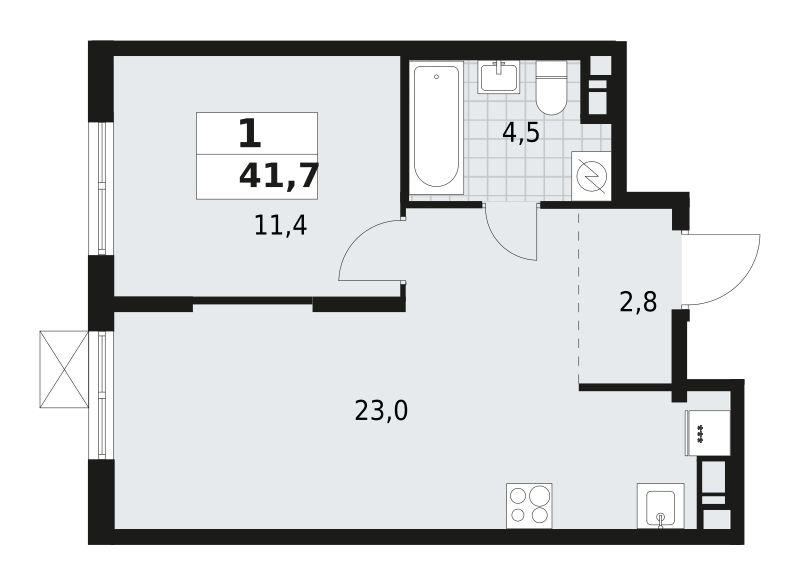 1-комнатная квартира 41.7 м2, 3-й этаж