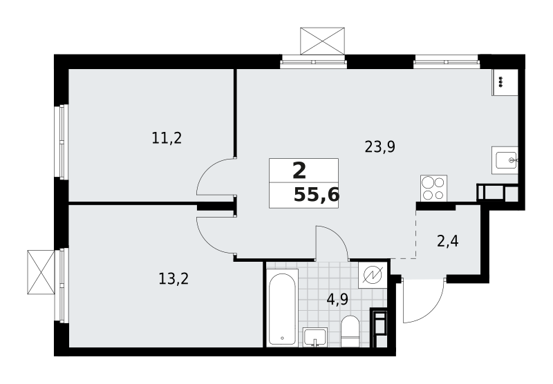 2-комнатная квартира 55.6 м2, 4-й этаж