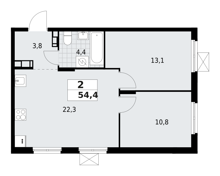 2-комнатная квартира 54.4 м2, 4-й этаж