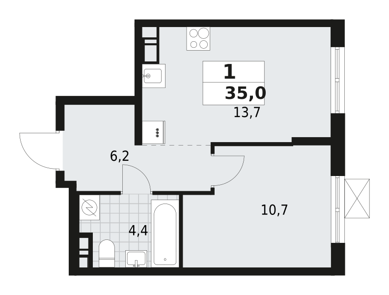 1-комнатная квартира 35 м2, 4-й этаж