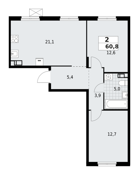 2-комнатная квартира 60.76 м2, 5-й этаж