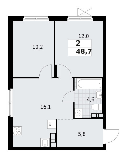 2-комнатная квартира 48.7 м2, 8-й этаж