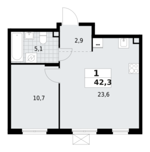 1-комнатная квартира 42.3 м2, 2-й этаж