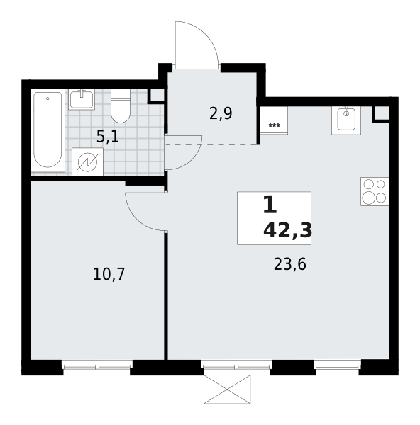1-комнатная квартира 42.3 м2, 2-й этаж