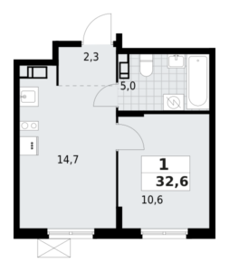 1-комнатная квартира 32.65 м2, 3-й этаж