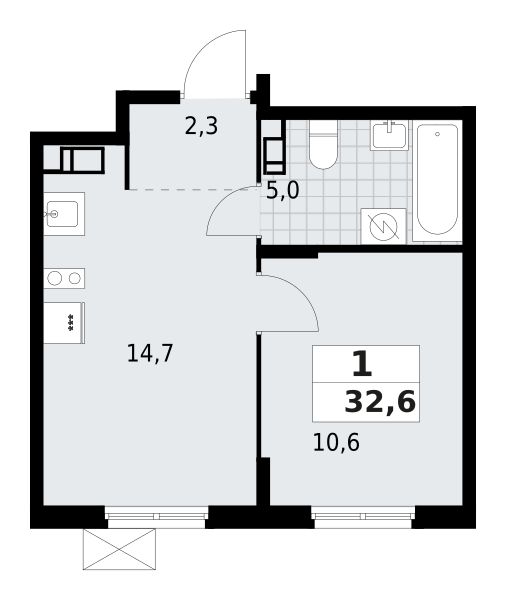1-комнатная квартира 32.65 м2, 3-й этаж