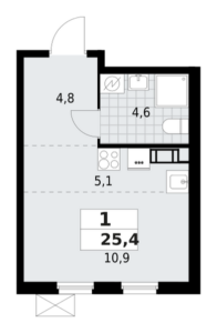 1-комнатная квартира 25.35 м2, 5-й этаж