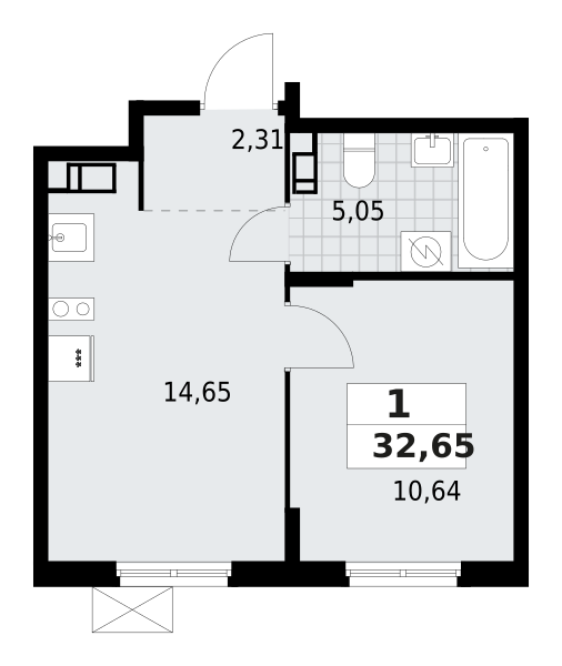 1-комнатная квартира 32.65 м2, 6-й этаж