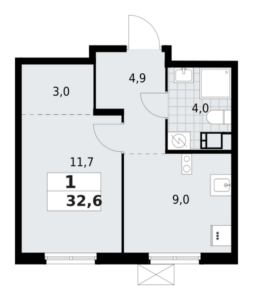 1-комнатная квартира 32.65 м2, 9-й этаж