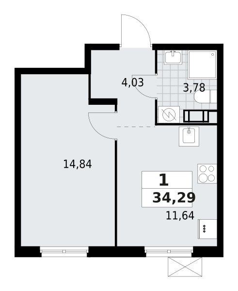 1-комнатная квартира 34.29 м2, 5-й этаж