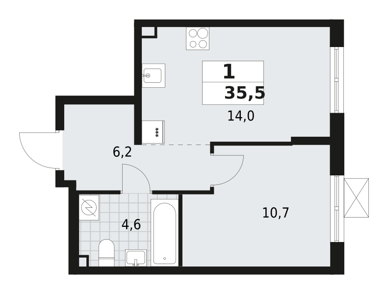 1-комнатная квартира 35.5 м2, 2-й этаж