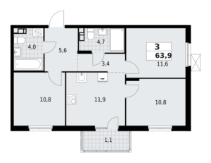 3-комнатная квартира 63.88 м2, 7-й этаж