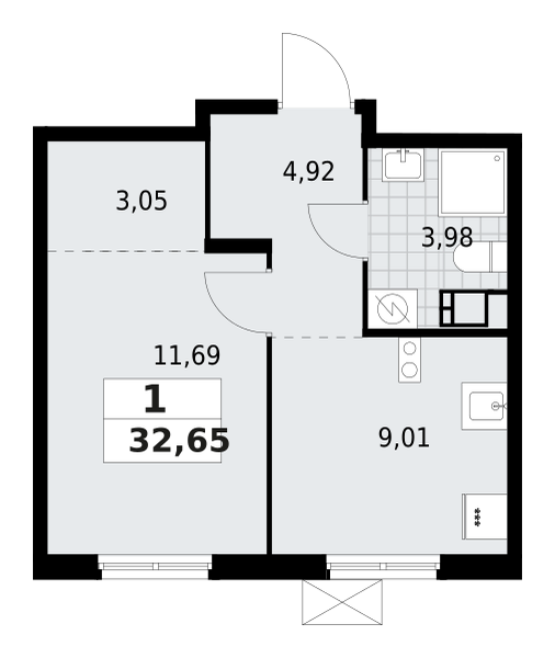 1-комнатная квартира 32.65 м2, 5-й этаж