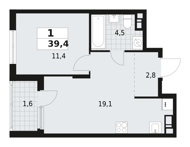 1-комнатная квартира 39.4 м2, 12-й этаж