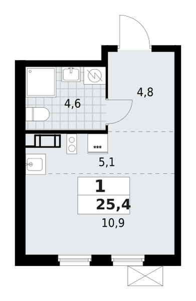 1-комнатная квартира 25.35 м2, 8-й этаж