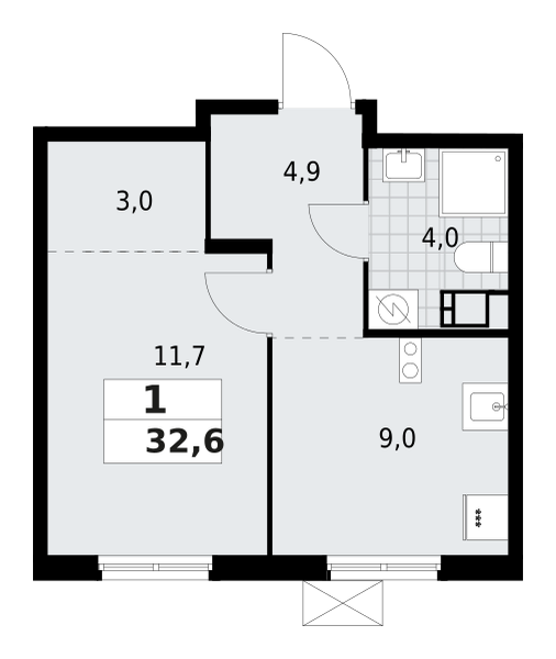 1-комнатная квартира 32.65 м2, 6-й этаж