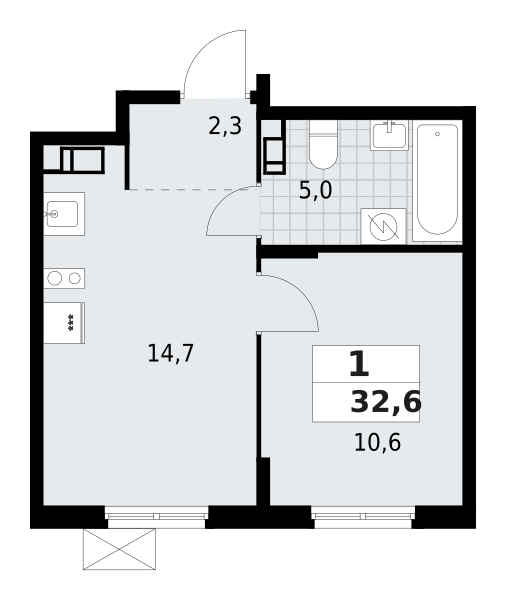 1-комнатная квартира 32.65 м2, 4-й этаж