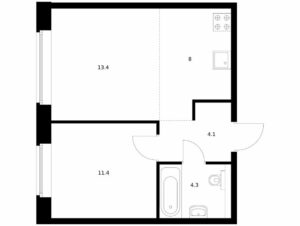 1-комнатная квартира 41 м2, 1-й этаж