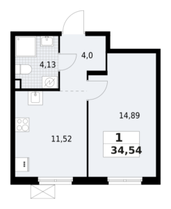 1-комнатная квартира 34.54 м2, 2-й этаж