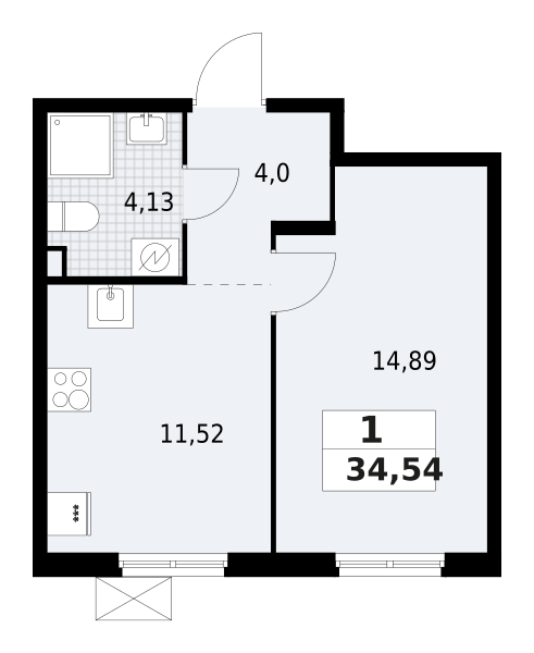 1-комнатная квартира 34.54 м2, 2-й этаж