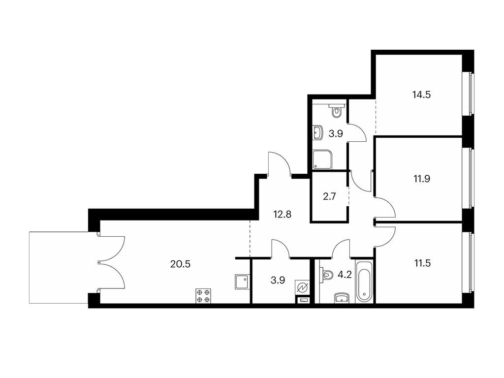 3-комнатная квартира 88 м2, 1-й этаж